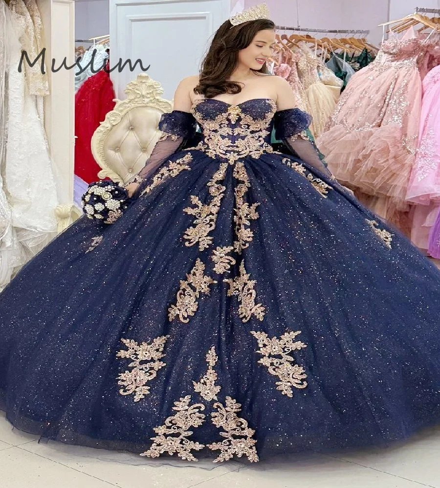 

Sparkly Navy Quinceanera Dresses Glitter Gold Lace Off Shoulder Ball Gown Vestidos De 15 Quinceañera Birthday Sweet 16Customized