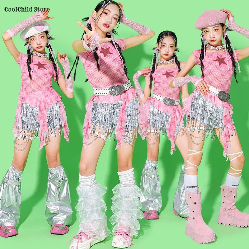 Girls K-pop Sweet Off Shoulder Crop Top Sequin Shorts Kids Hip Hop Jazz Street Dance Clothes Sets Children Girl Group Streetwear