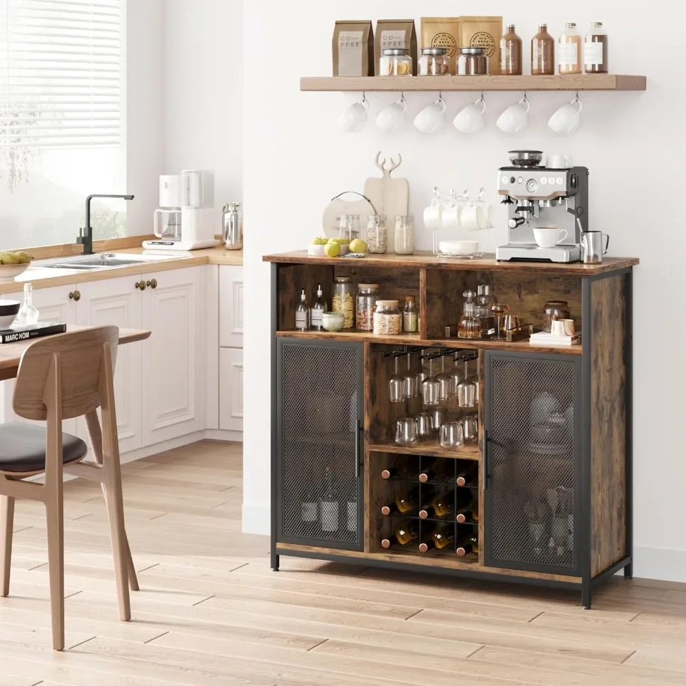 Coffee Bar Cabinet, Industrial Buffet Storage Cabinet with Mesh Doors and Adjustable Shelves, Sideboard Buffet Table for Kitchen