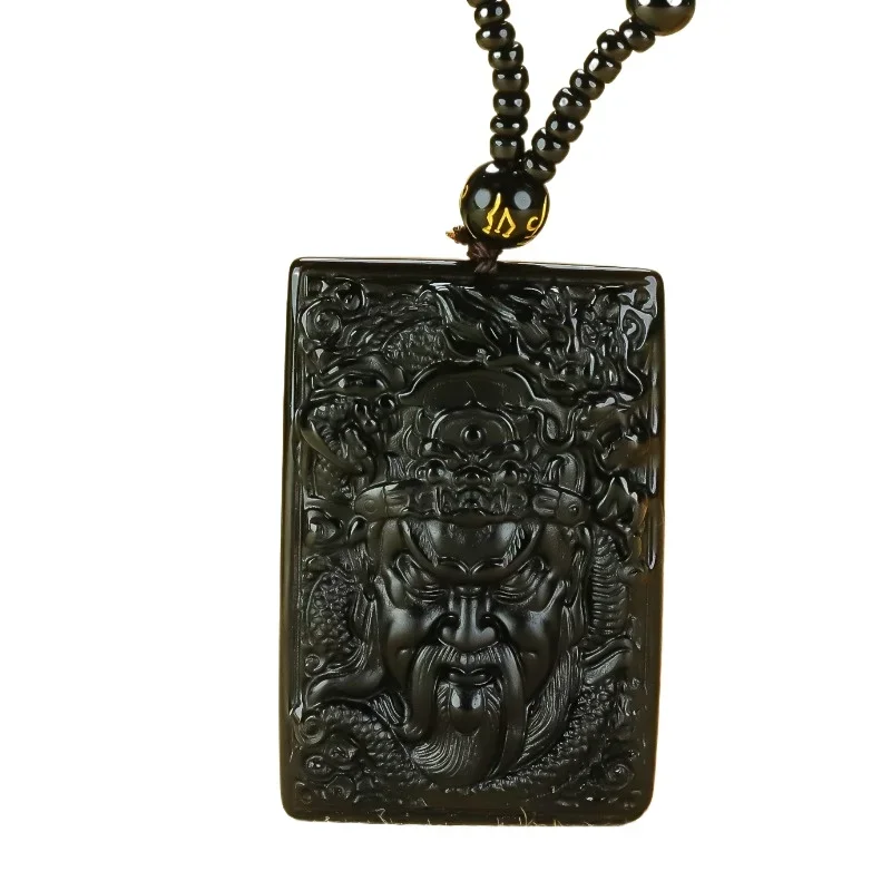 Elegant Men's Obsidian Guan Yu Pendant Necklace