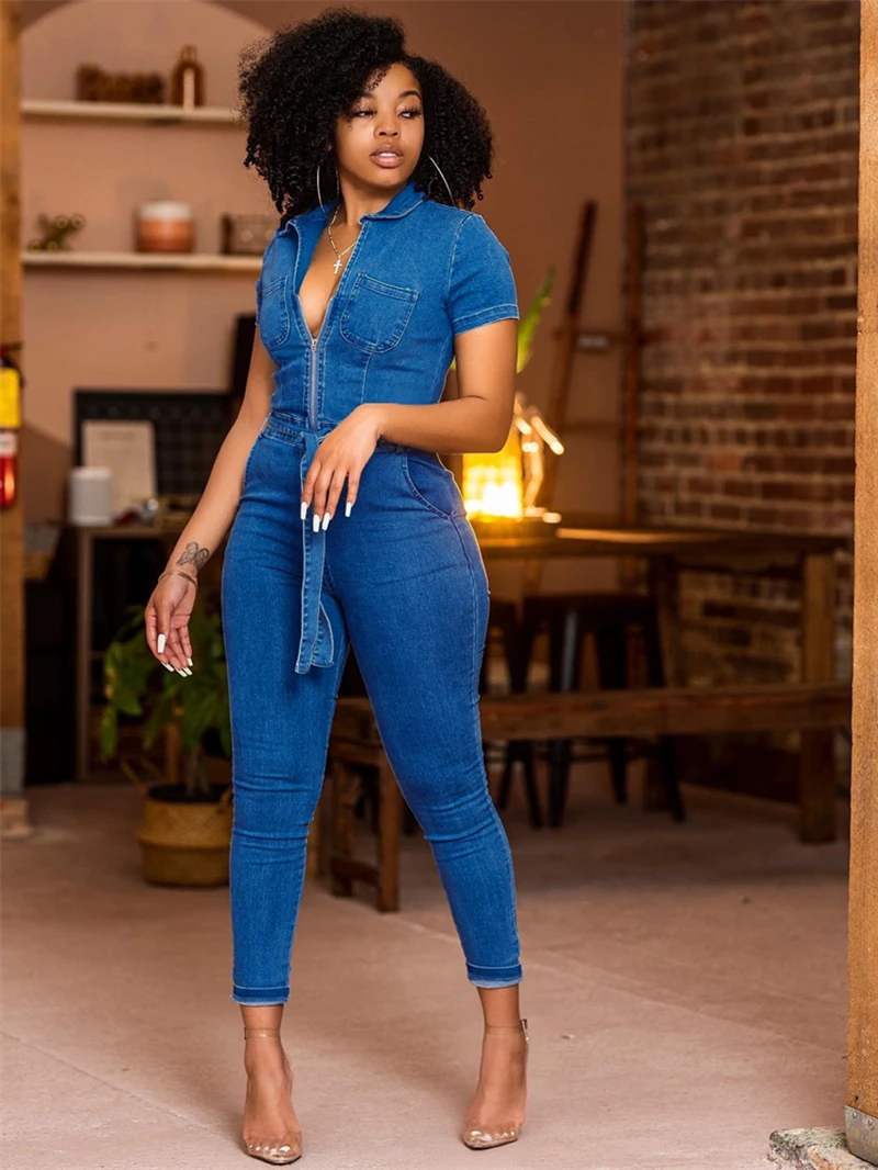 Cowboy Jeans Jumpsuits for Women Spring Summer Clothes Short Sleeve Zipper Up Bodycon Long Romper Casual Denim Jumpsuit Overalls