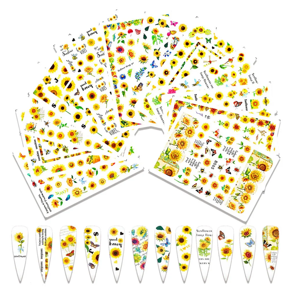 12PCS/Set 3D Nail Stickers Sunflower Design Decorations Sunshine Flower Decals Self-Adhesive Nail Art Slider