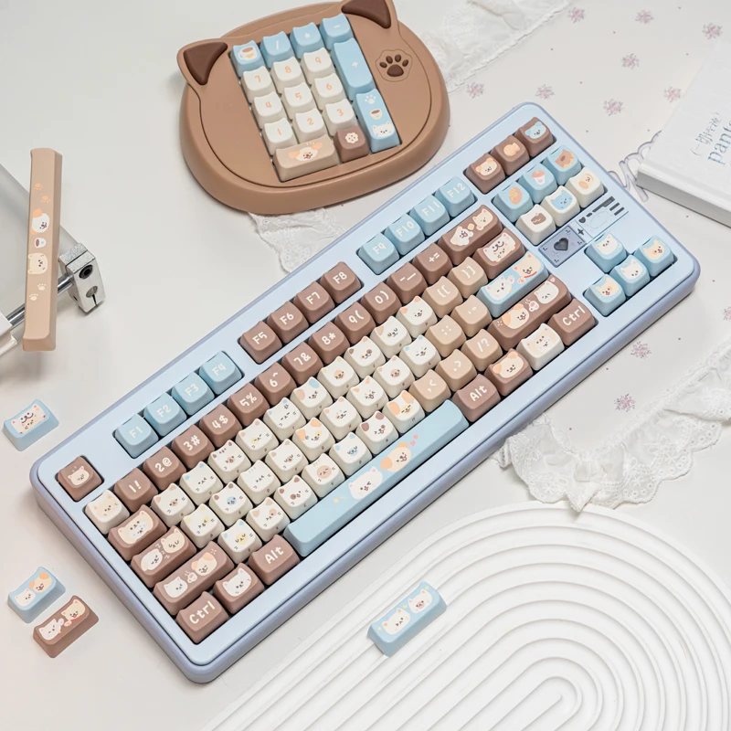 130 Key Sea Salt Kitten Cute Keycap MAO Profile Cat Head Five Side Dye Sublimation PBT Keycaps for MX Switch Mechanical Keyboard