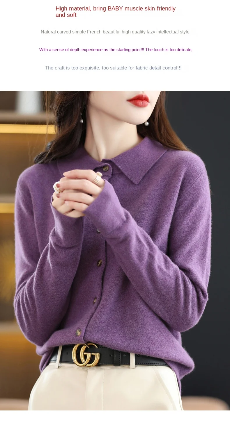 2024 Damen-Strickjacke mit POLO-Kragen, Basic, vielseitig, oben aus gesponnener Wolle, eleganter einreihiger Pullover DMR 430 – Detail 12