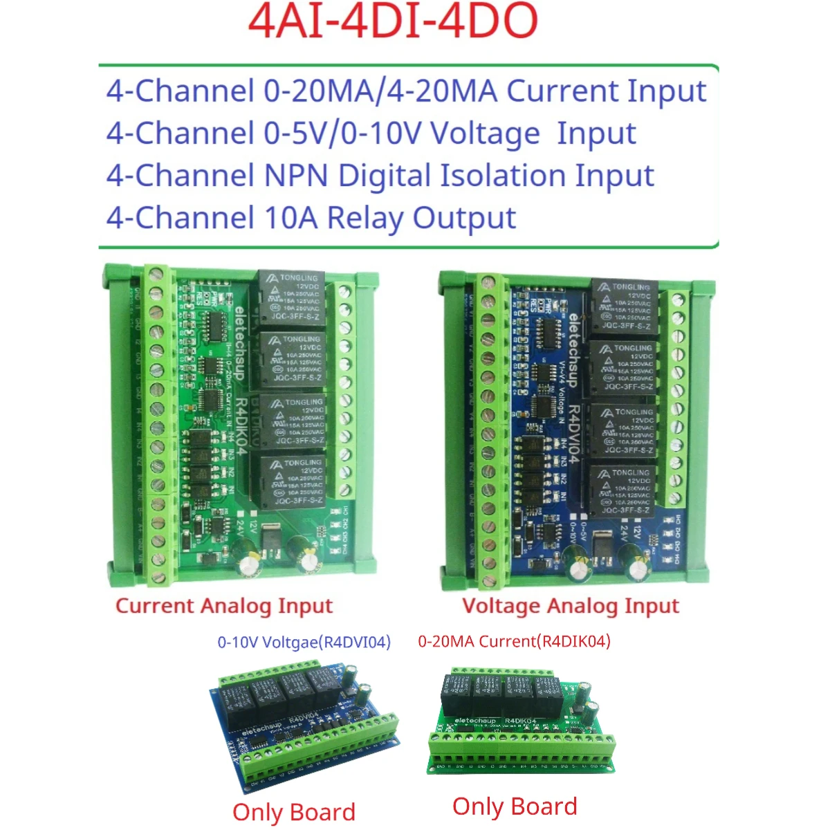 DC 12V/24V 4Ch 4AI-4DI-4DO 4-20MA 0-5V 0-10V Analog Digital Mixed IO Module Modbus RTU RS485 Relay Board Current Voltage ADC