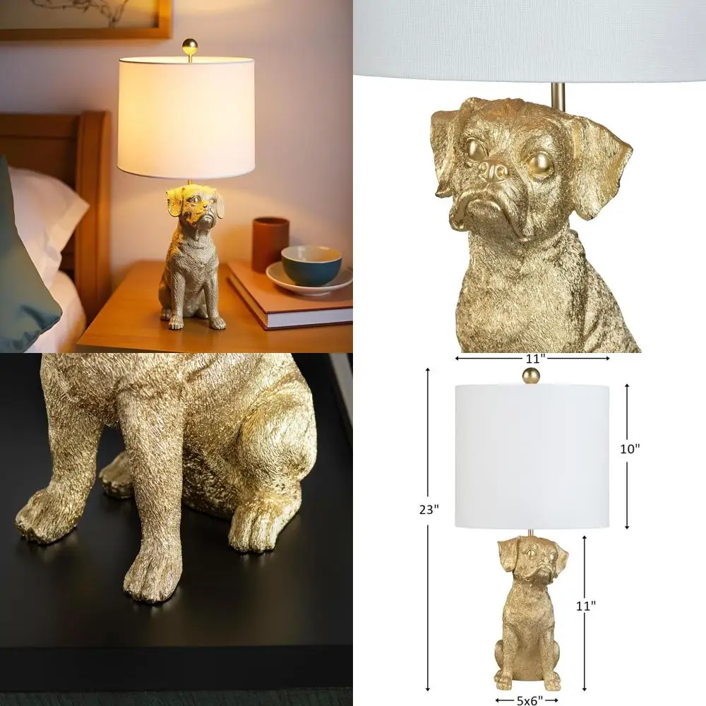 

Gold Dog Boxer Table Lamp with White Linen Shade, Ideal for Bedroom, Desk, or Reading, Perfect for Home and Office