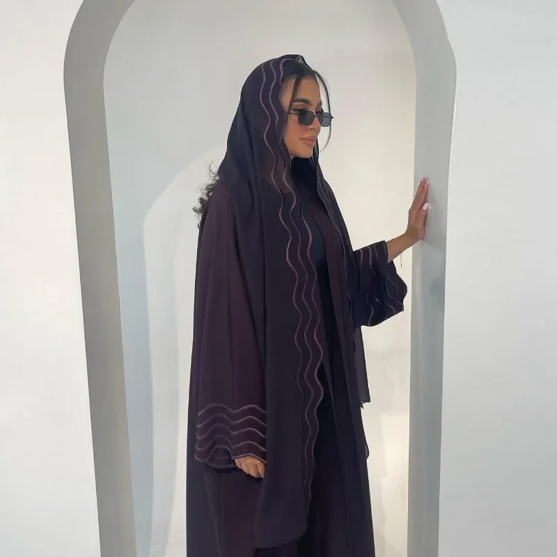 2025 New Abaya Under Dress Kaftan Solid Ramadan Muslim Sets Exquisite Embroidery Embroidery Coat with Headband Islamic Clothing