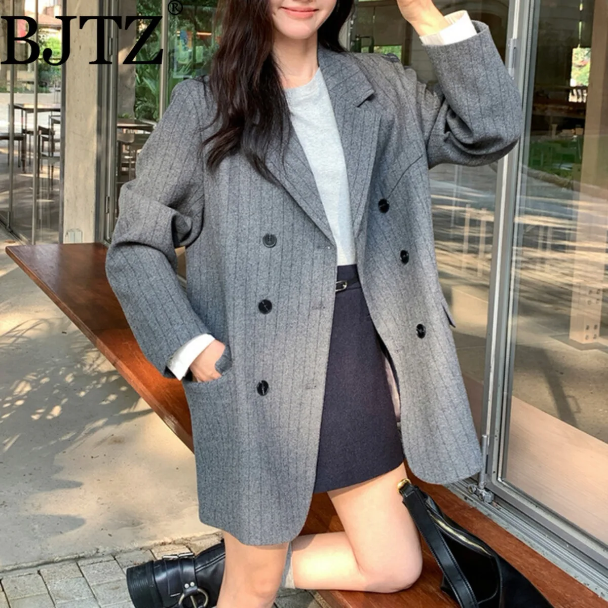 

BJTZ двубортный полосатый свободный пиджак для женщин, весна-осень 2023, новое офисное женское универсальное женское пальто