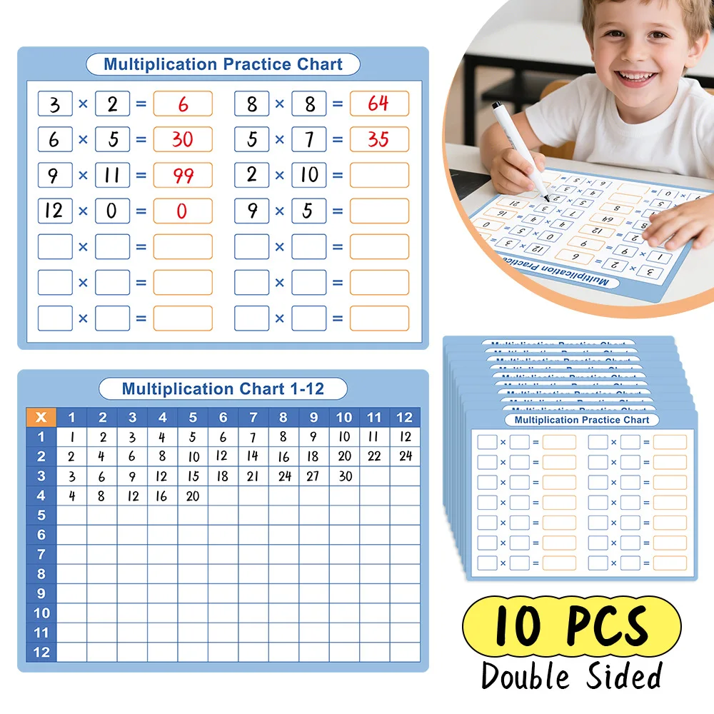 10 Arithmetic Cards, A4 Size, Double-sided Erasable, Multiplication Handwritten Table, Mathematical Calculation Practice