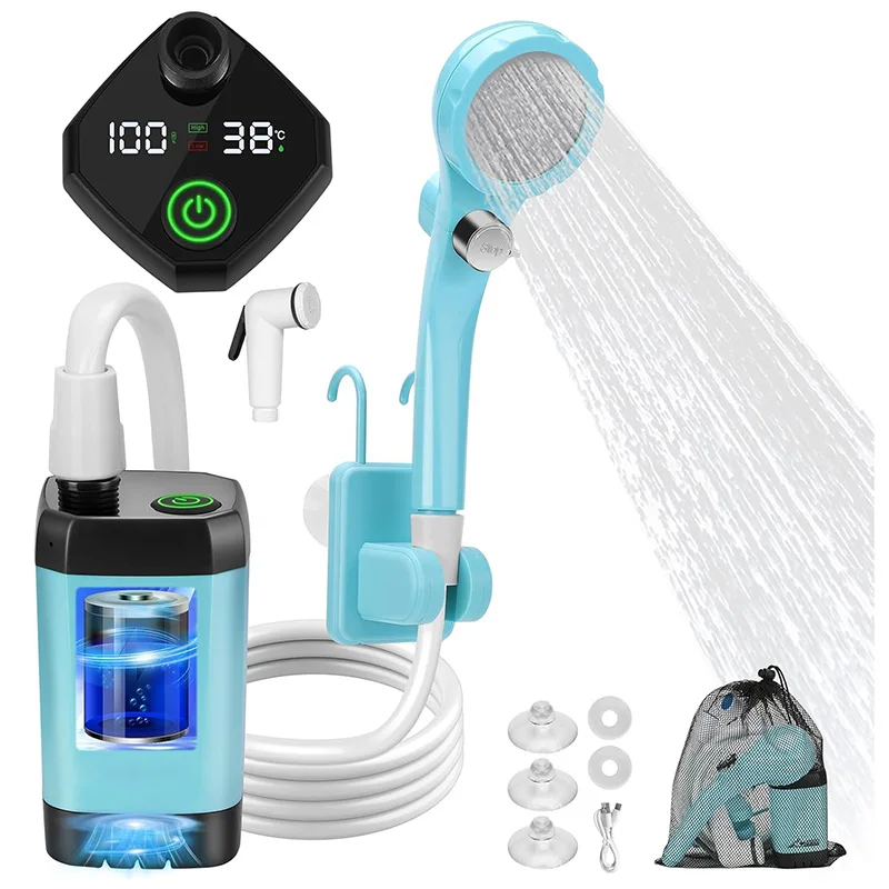 Upgrade Camping Shower Pump RV Outdoor Shower Kit Camp Shower w/Full Screen Intelligent Digital Display 6000mAh Shower Kit