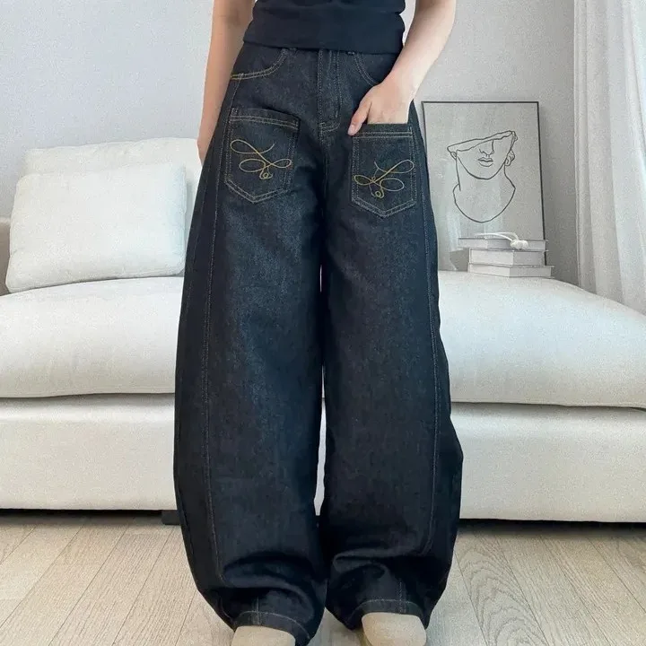 

Elegant Autumn Winter Chic Embroidered Pocket Knife Denim Pants Women's Lazy Floor-Length Jeans Anti-Wear Straight Leg Jeans