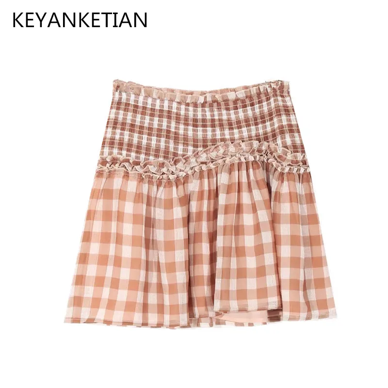 KEYANKETIAN women's plaid skirt summer new retro style elastic elastic waist fungus trim stitching high waist A-line miniskirt