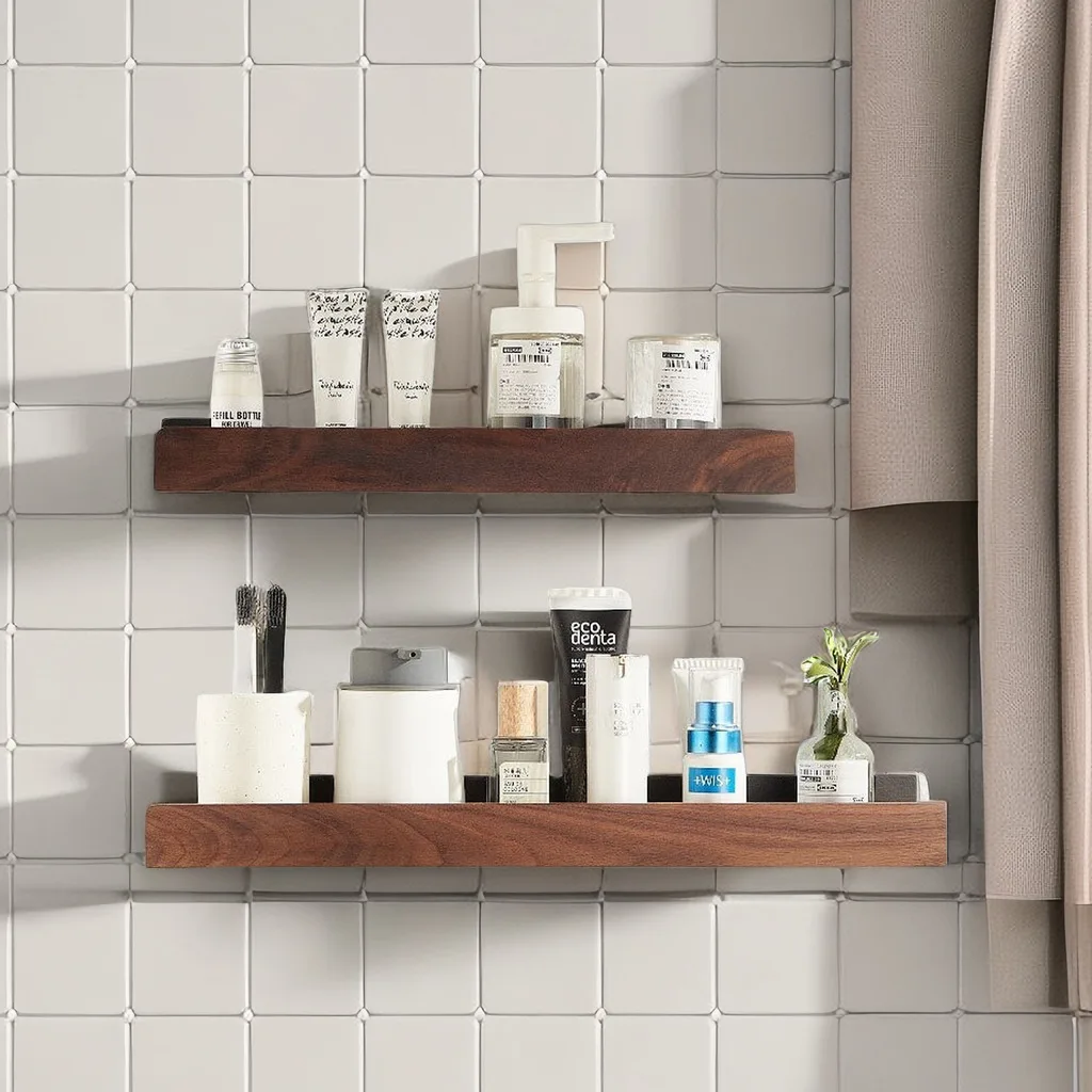 Wood bathroom shelves，shower Shelf，No punch storage rack，Wooden Shelf Wall-Mounted Shower，bath Organizer，bathroom accessories