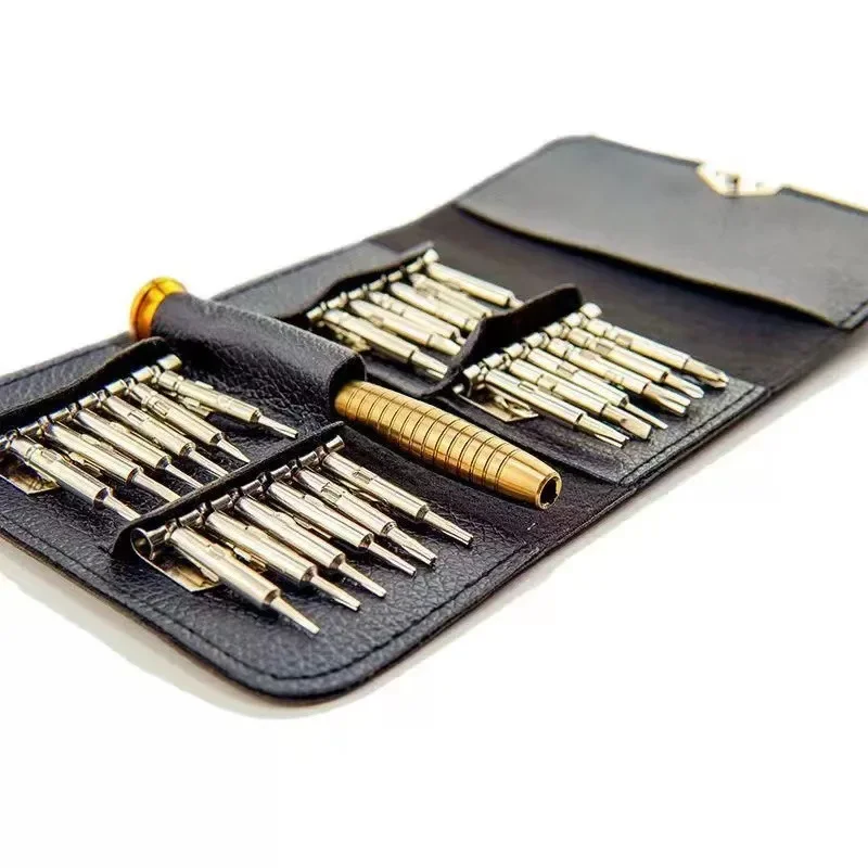 Multi functional 25 in one leather case screwdriver set combination tool, suitable for mobile phones, clocks, precision maintena