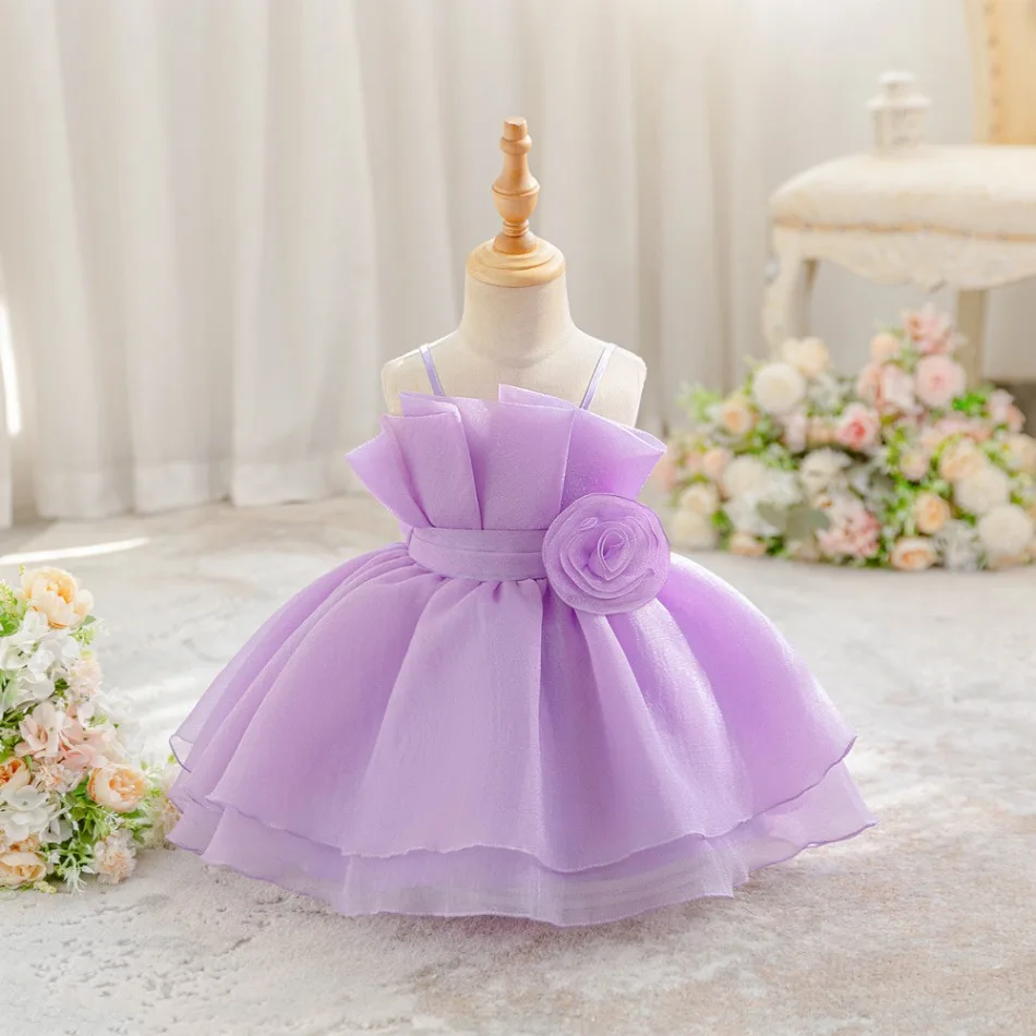 Girls Baby 1st Birthday Party Purple Dress Infant Baptism Dress Flower Mesh Princess Sling Dress Little Girl Catwalk Dress ASQ03