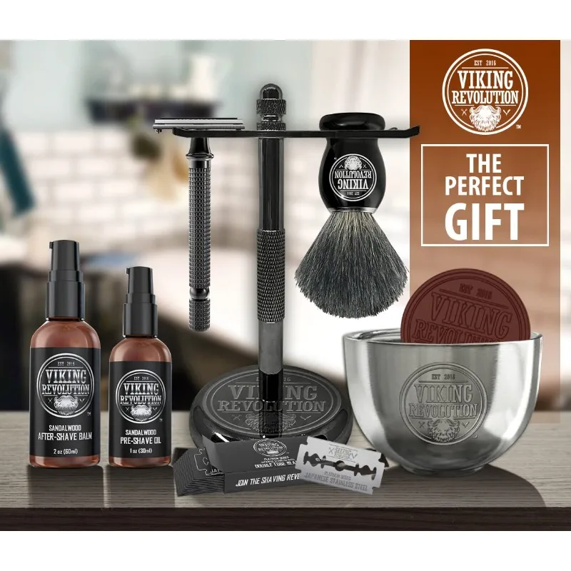 Luxury Safety Razor Shaving Kit - Includes Double Edge Safety Razor, Stand, Bowl, After-Shave Balm, Pre-Shave Oil, Badger Brush