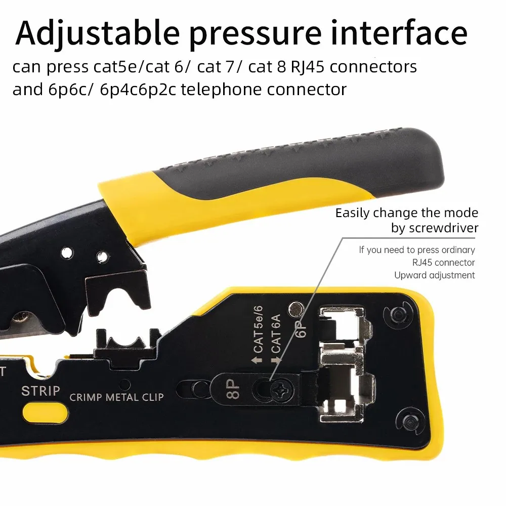 WoeoW Tools Ratcheting Modular Data Cable Crimper /Wire Stripper /Wire Cutter for CAT5e CAT6 CAT6A/7, RJ45 Pass-Thru Connector