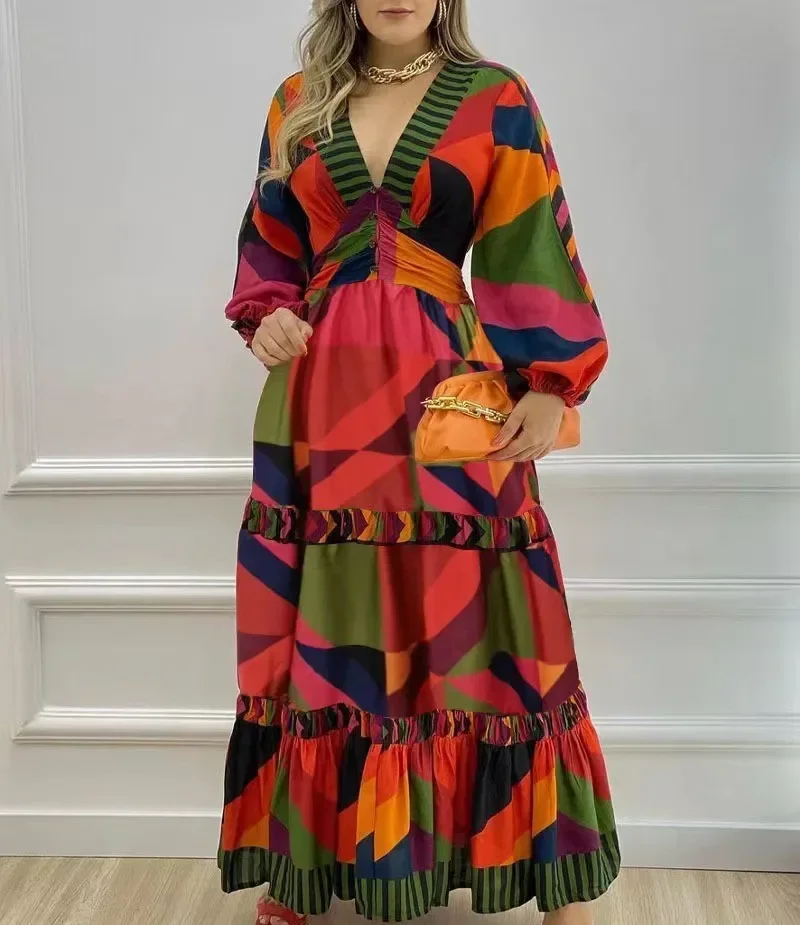 2023 African Dresses for Women Spring Summer African Long Sleeve V-neck Polyester Printing Long Dress African Maxi Dress