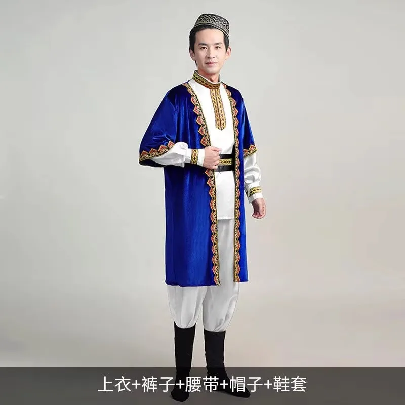 Strój narodowy kazaków dla mężczyzn, czerwono-niebieski, Xinjiang, vintage, ubrania do tańca ujgurskiego, długi rękaw, odzież etniczna dla mniejszości narodowych.