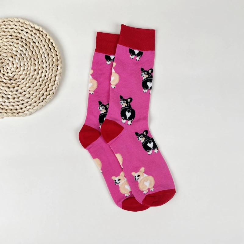 1 Pair Cartoon Cute Dog Corgi Print Fashion Unisex Mid Tube Socks Suit In All Seasons For Daily Street Sports