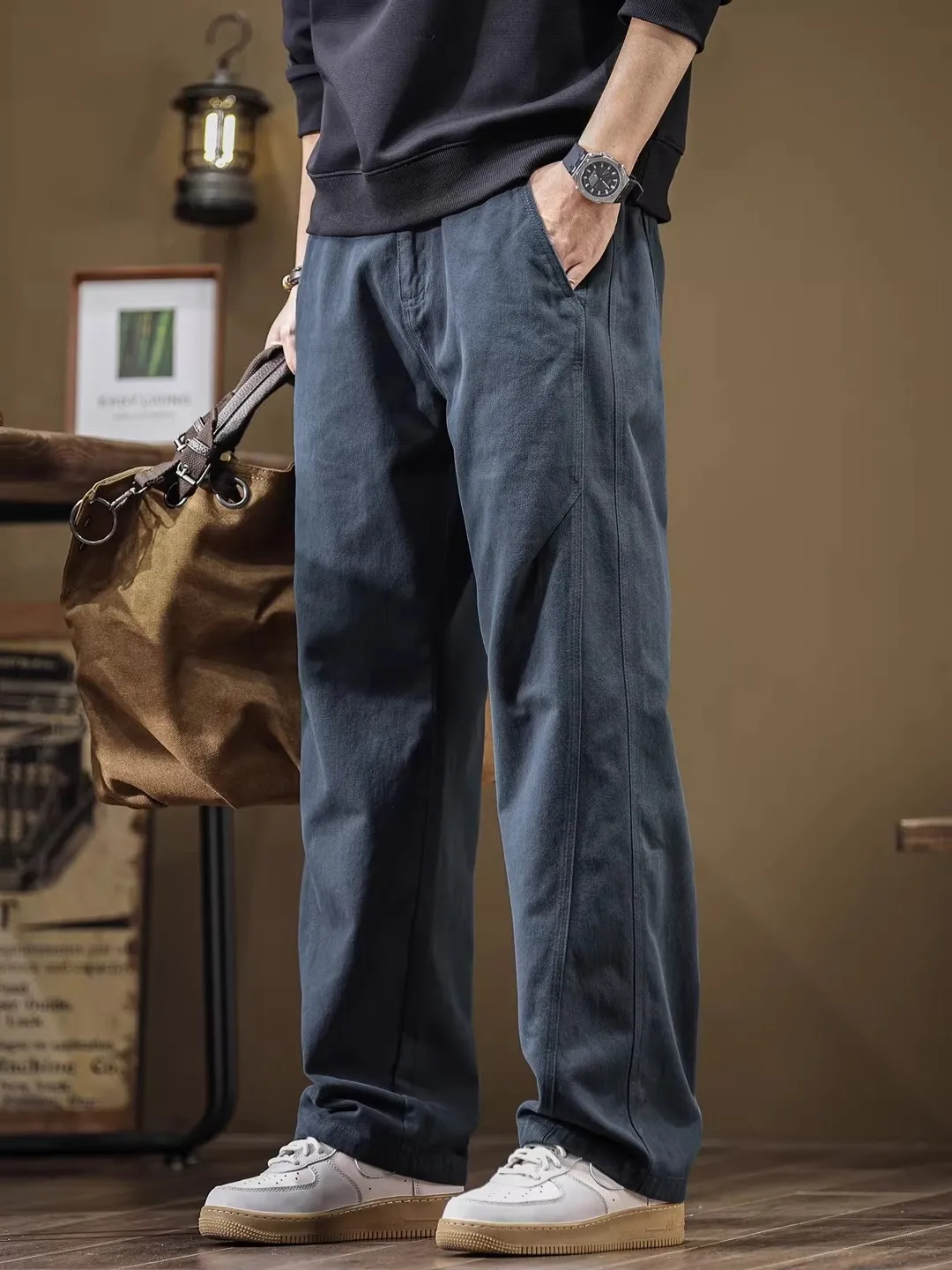 

Мужские ретро-брюки большого размера из чистого хлопка, прямые, повседневные, свободные, струящиеся, широкие, длинные, для весны и осени, рабочая одежда