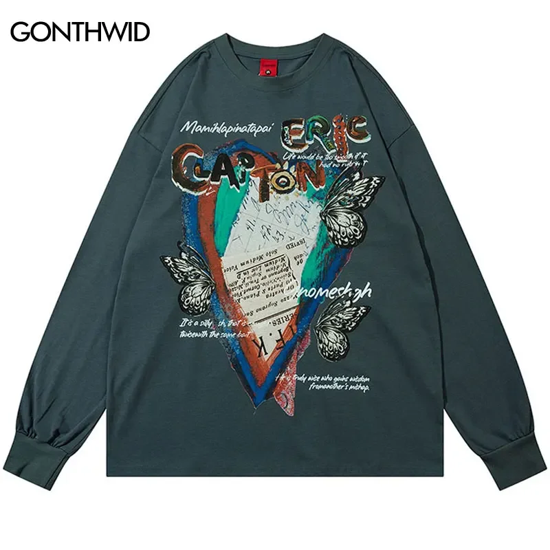 

Harajuku Shirt Y2K Butterfly Graphic Printed Long Sleeve Tshirt Streetwear Men Hip Hop Casual Cotton Punk Gothic T-Shirts Tops