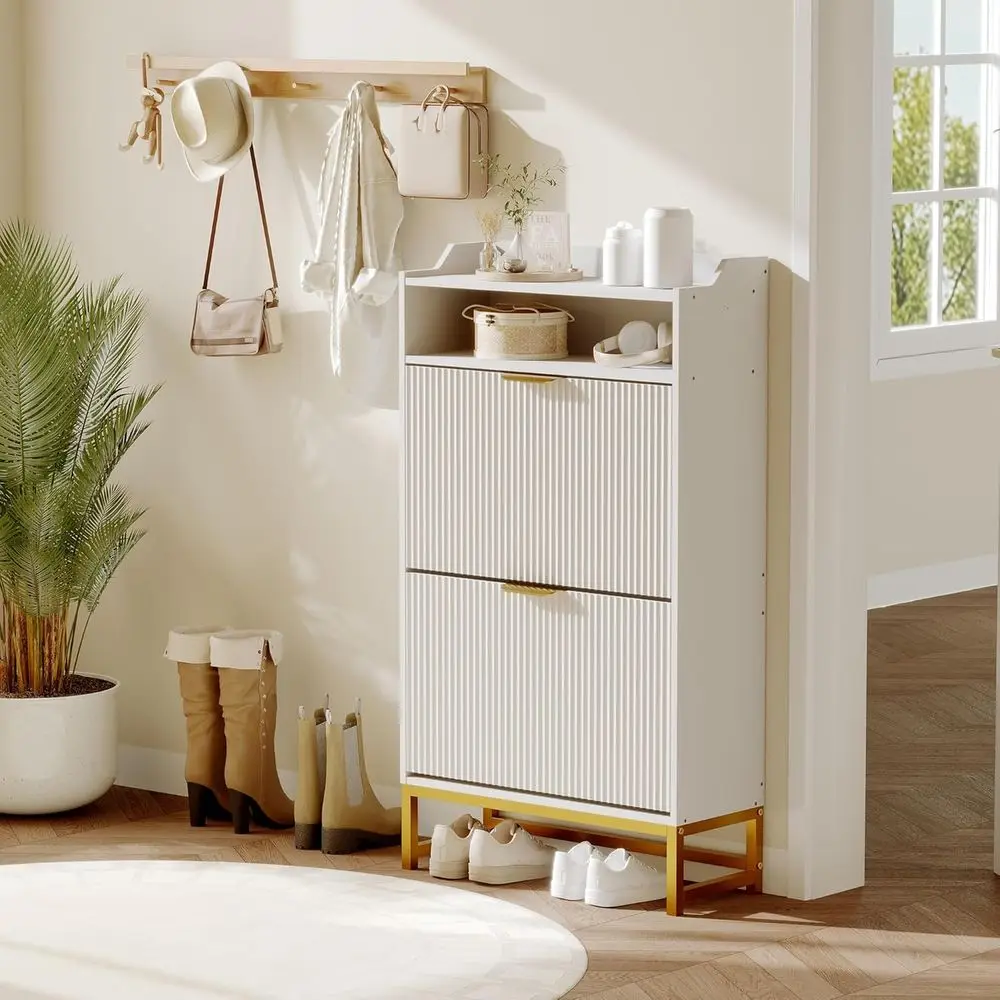 

Compact White Shoe Cabinet Organizer with 2 Drawers and Open Shelf for Entryway, Hallway, Living Room