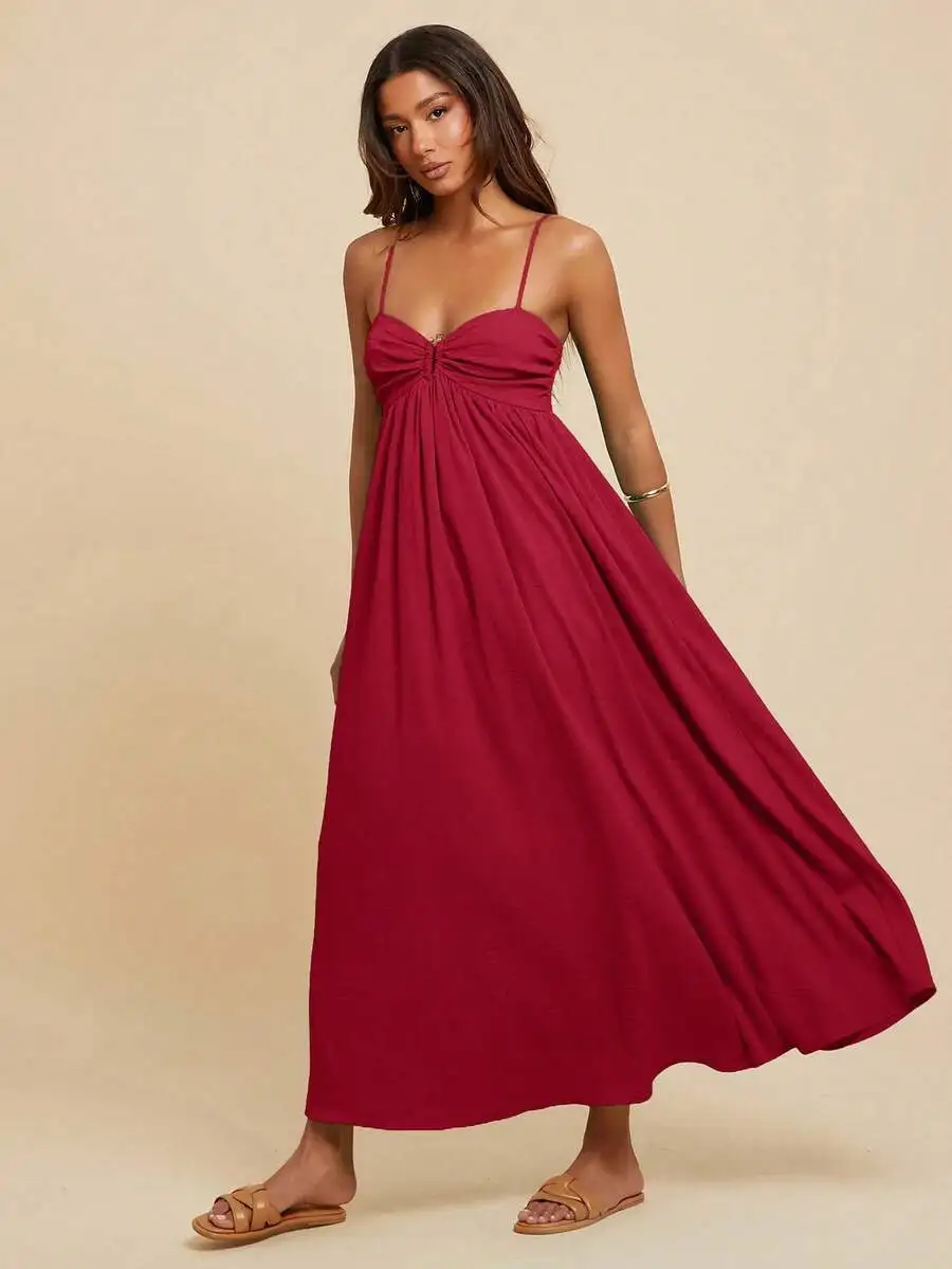 

Womens Solid Red Sleeveless Maxi Dress Boho Vacation Summer Beach Outfit