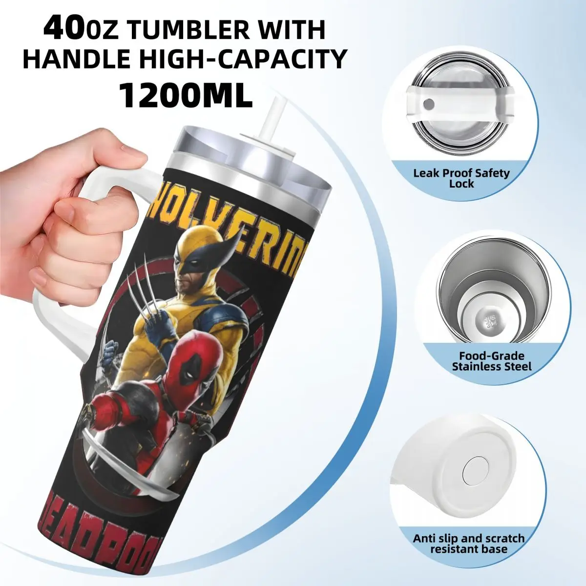 Stainless Steel Tumbler Deadpool & Wolverine Thermal Mug Leakproof Hot Drinks Mugs Cup Travel Graphic Water Bottle