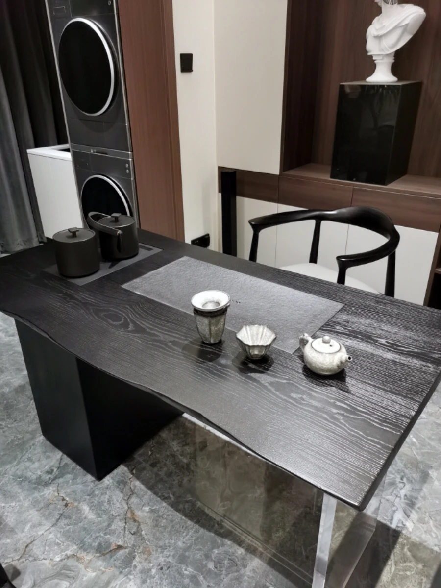 ZZXL Solid Wood Tea Table Carbonized Black Acrylic Table Tea Table and Tea Tray Integrated Suspension Hidden Cabinet