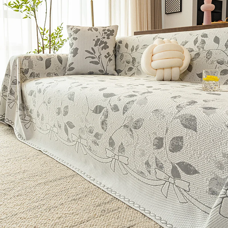 French Cooling Sofa Cover for Summer Plant Printing Comfortable Dust-Proof Couch Slipcover Skin-Friendly Easy-Care Sofa Blanket