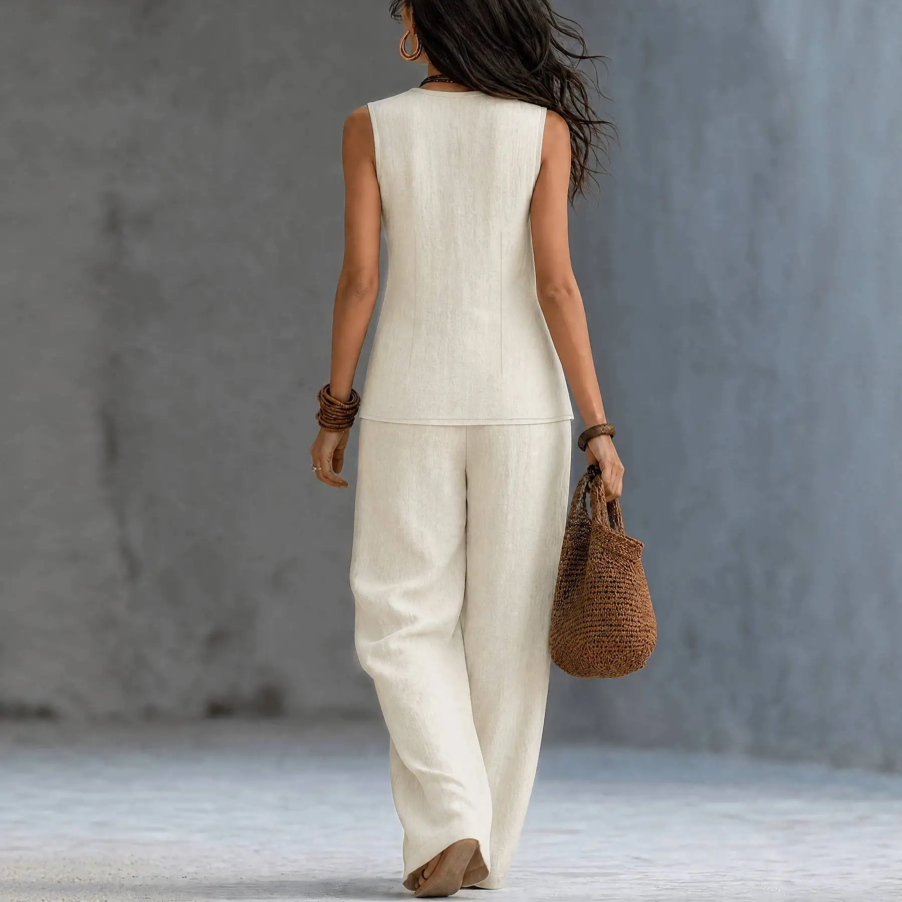 New Casual Sexy V-Neck Waist-Cinched Top with Wide-Leg Pants Two-Piece Set Women's Fashion Comfortable Breathable  Color