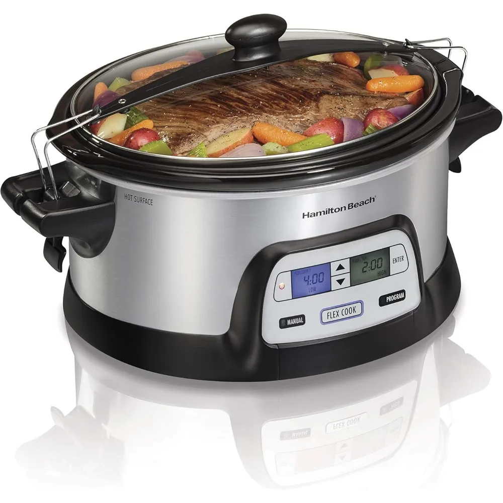 

33861 Portable Programmable Slow Cooker, Dishwasher Safe Crock, 6 Qt, FlexCook Dual Digital Timer/2 Heat Settings, Lid Lock