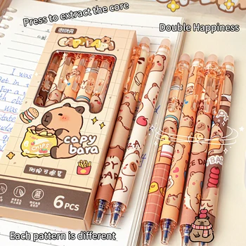 6 Stück Kawaii Capybara Gel Pen Set schwarz blau Tinte schnell trocknende niedliche Presse Gel Stifte ästhetische Schreibwaren Schule Bürobedarf