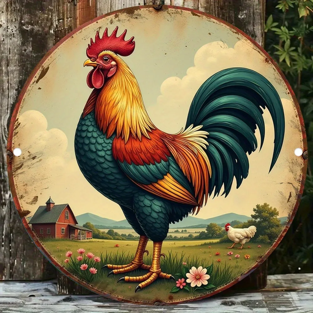 2D Metal Sign, Vintage Farmhouse Rooster Landscape Round Metal Wall Art, Rustic Iron Sign for Indoor Outdoor Home Kitchen Cafe D