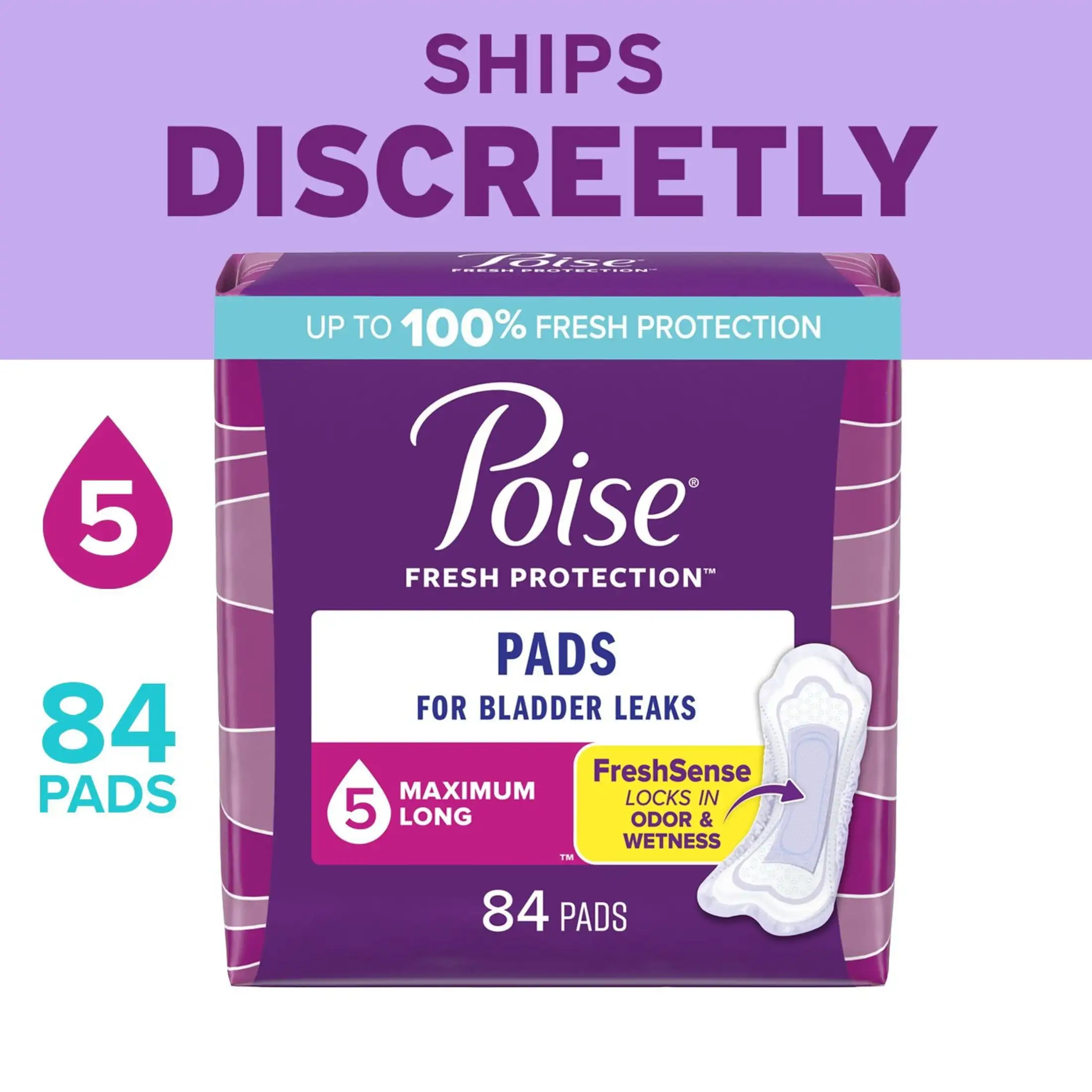 

Incontinence Pads for Women,5 Drop Maximum Absorbency, Long Length, 84 Count