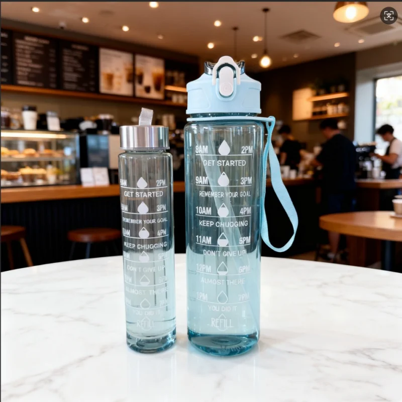 

2PC Large Capacity Sports Water Bottle Leak Proof Plastic Drinking Cup with Time Scale Suitable for Travel Fitness Sports