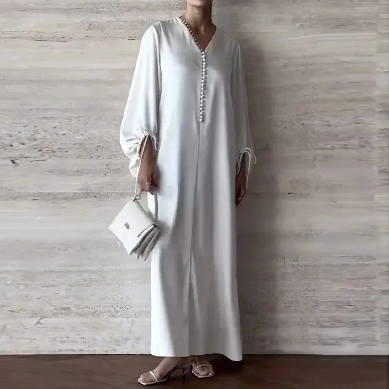 

Tinaa Dubai Abaya Muslim Woman Dresses 2025 Summer Spring Drawstring Puff Sleeves White Elegant V-neck Maxi Dresses for Women