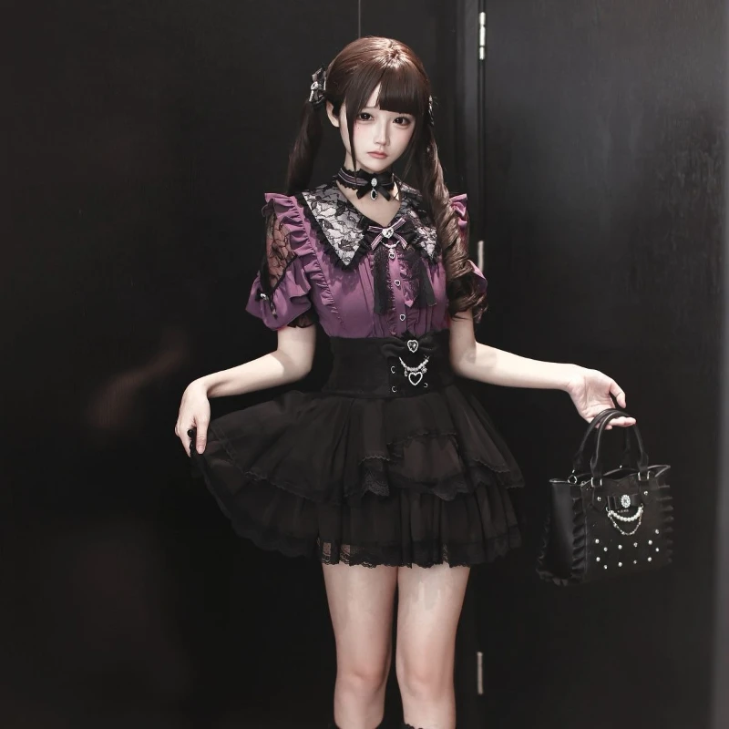 Japanese Subculture Vintage Short Sleeve Lace Spliced Top + Mini Skirt Two-Piece Set Women Sweet Kawaii Outfit Y2k Vintage