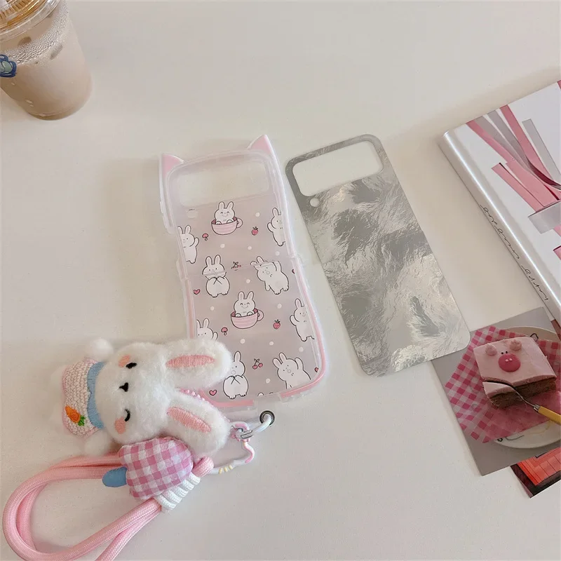 Funda de teléfono con cordón de conejo de felpa para Samsung Galaxy Z Flip 6 5 4 3, funda trasera protectora para ZFlip4 ZFlip5 ZFlip6