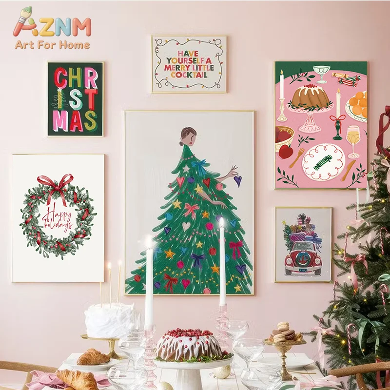 Christmas Tree Ball Decoration Poster Frosted Holly Winter Van Canvas Painting Snowflake Prints Decorative Home Room Picture