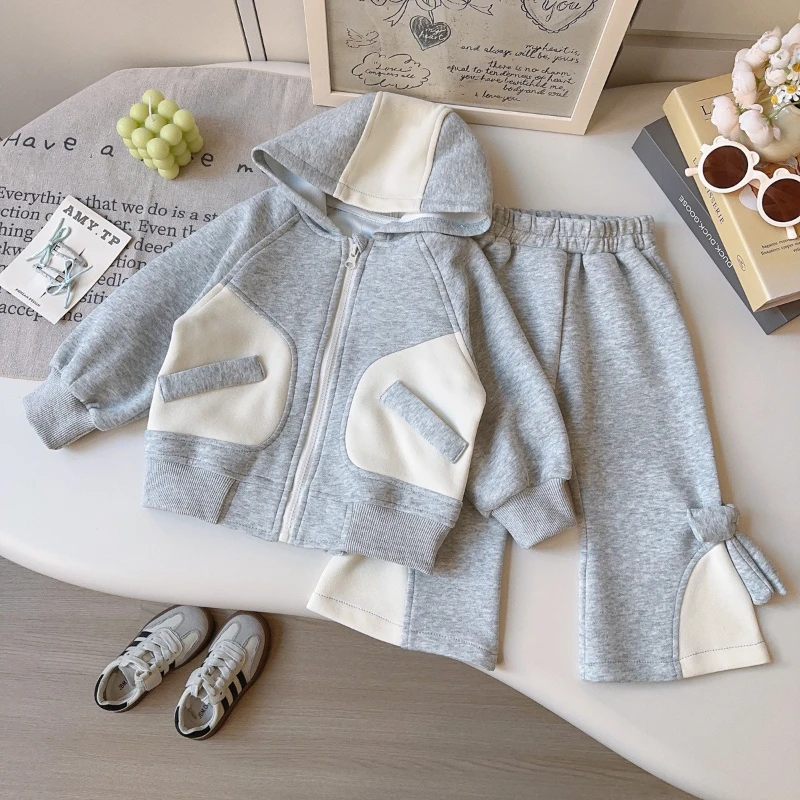 

2026 Spring New Hot Selling Grey and White Color blocked Hooded Thick Coat and Trumpet Pants Two Piece Set