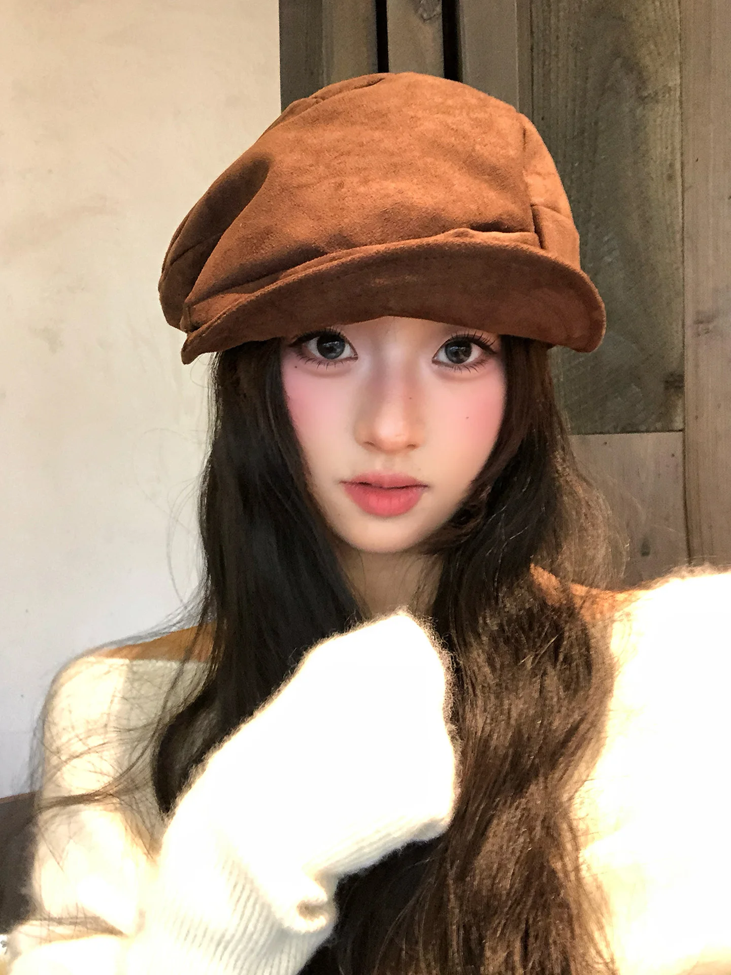Vintage Brown Irregular Pleated Suede Beret Hat Women's Autumn Winter Fashionable Newsboy Cap Non-Adjustable round Top
