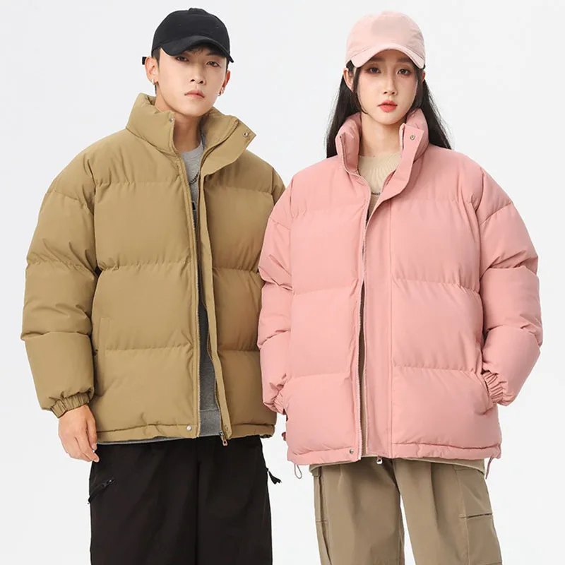 Parkas de colarinho para homens e mulheres, casacos quentes engrossados, casacos casuais soltos, cor sólida, casacos com zíper, unissex, inverno, 2024