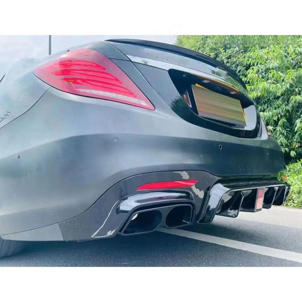 ABS Rear Bumper Diffuser Spoiler with Exhaust Muffer Tips for Mercedes Benz S Class W222 S450 500 560 S63 S65 AMG 2018-2021