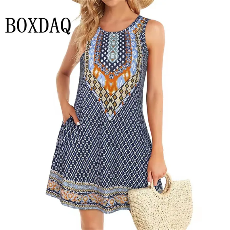 2025 Fashion Plus Size Women Casual Short Dresses Elegant Summer Bohemian Dress Pockets Sleeveless Simple Female Clothing Summer