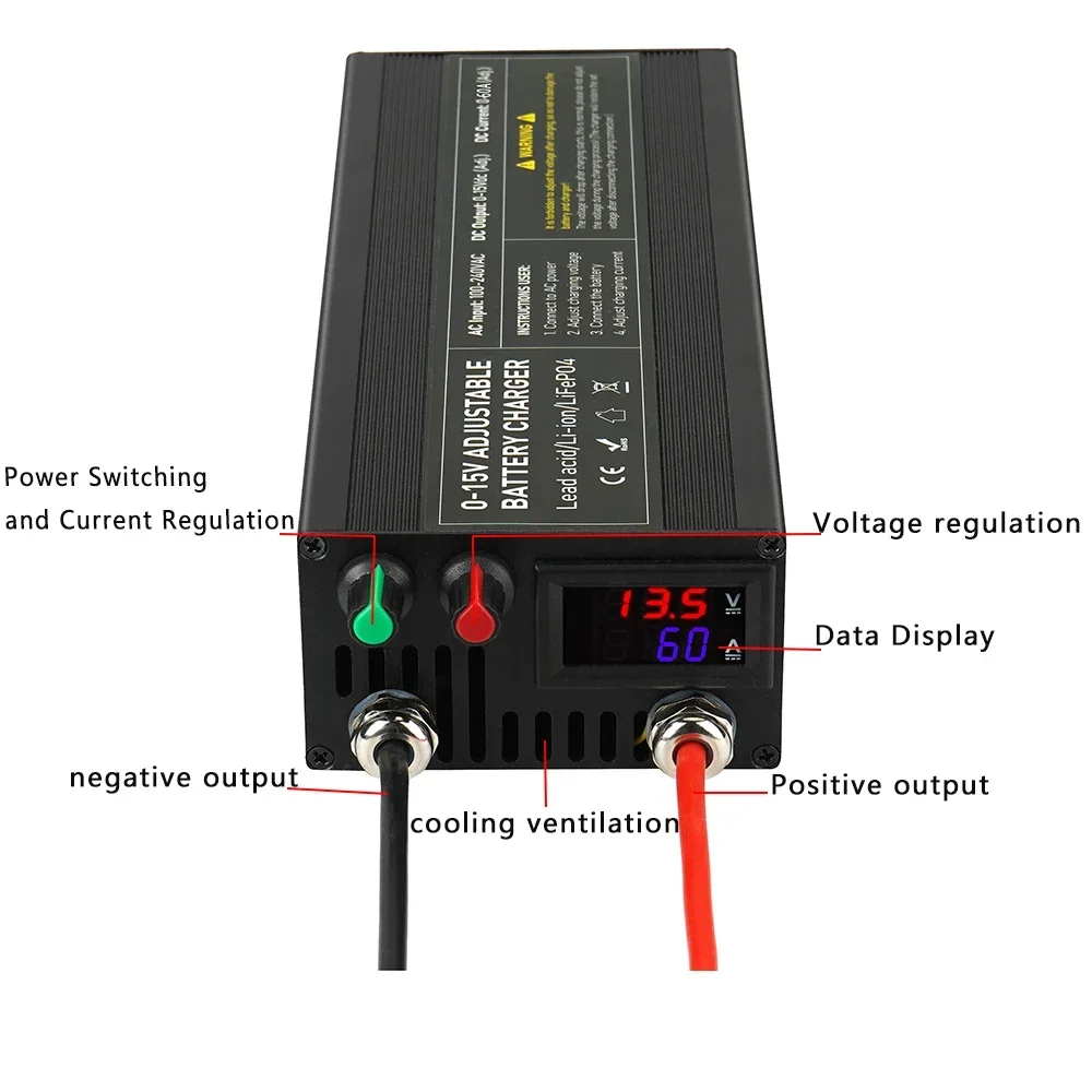 12V 60A LiFePo4 Charger LiFePo 4 Battery Charger 0-15V Output Adjustable Quick Fast Charger for 100Ah-300Ah LiFePo4 Battery