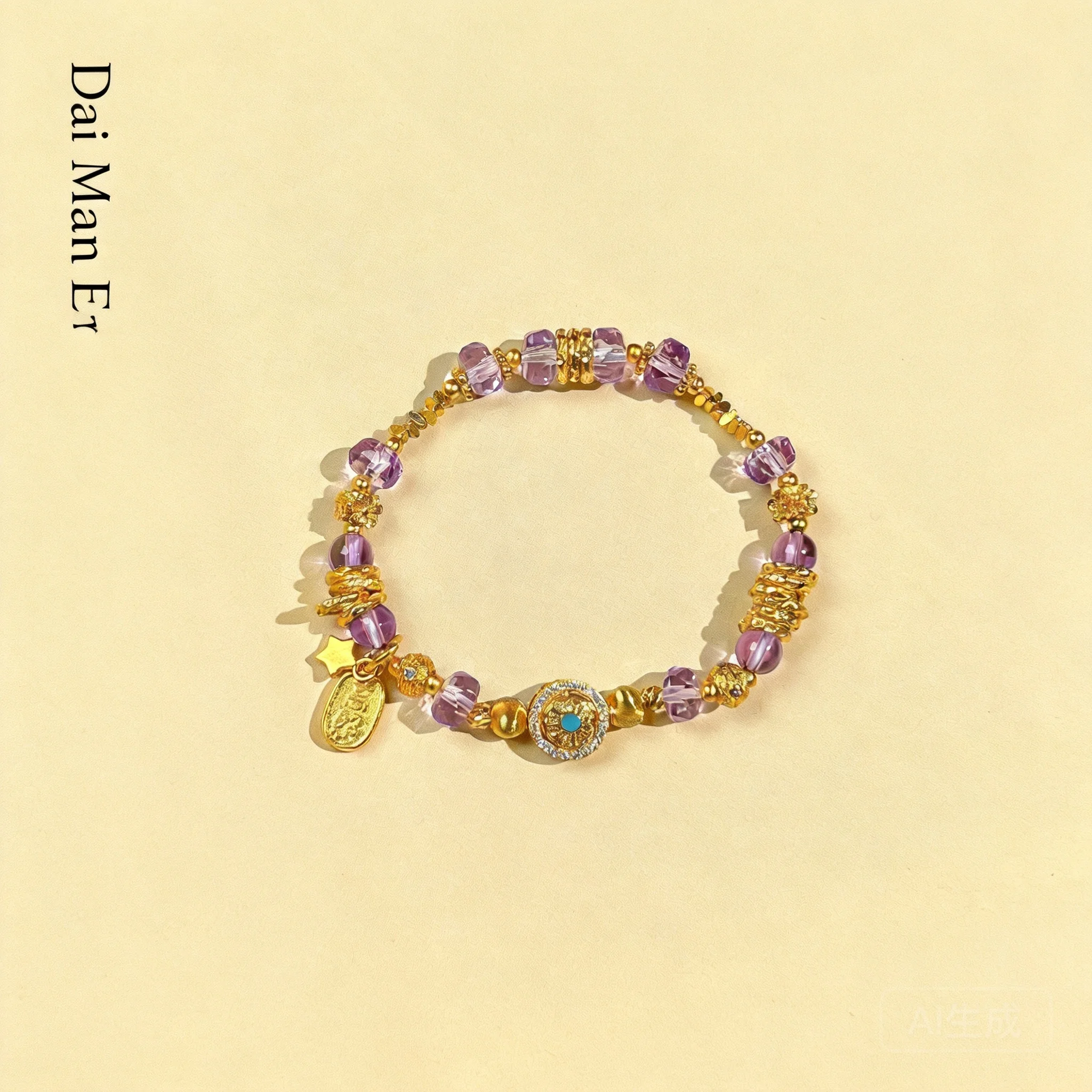 Chinese Style Rotatable Six Character Mantra Amethyst Beaded Bracelet Lucky Blessing Wealth Attracting Good Fortune Gold Tone