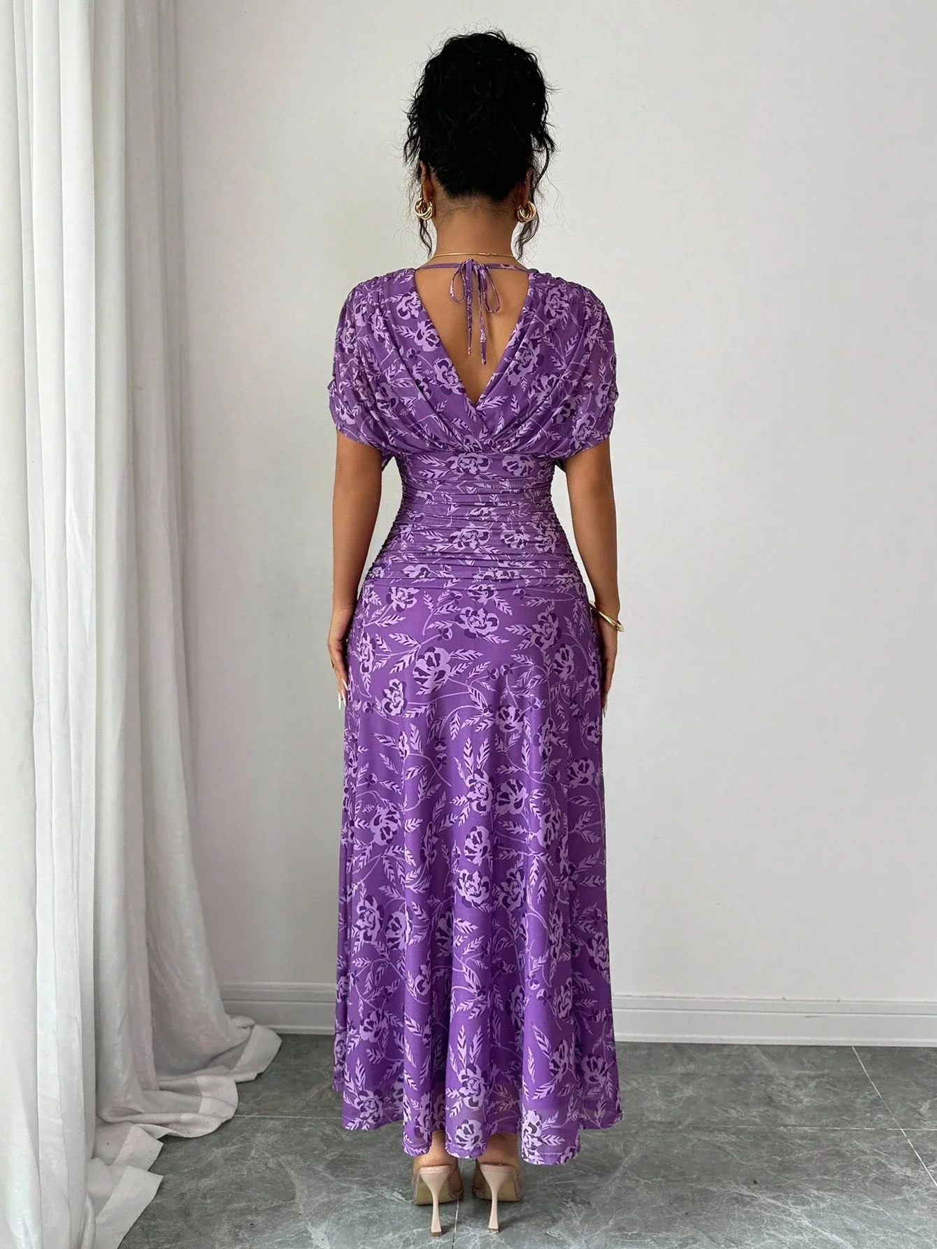 

Womens V-Neck Ruched Waist A-Line Maxi Dress Floral Print