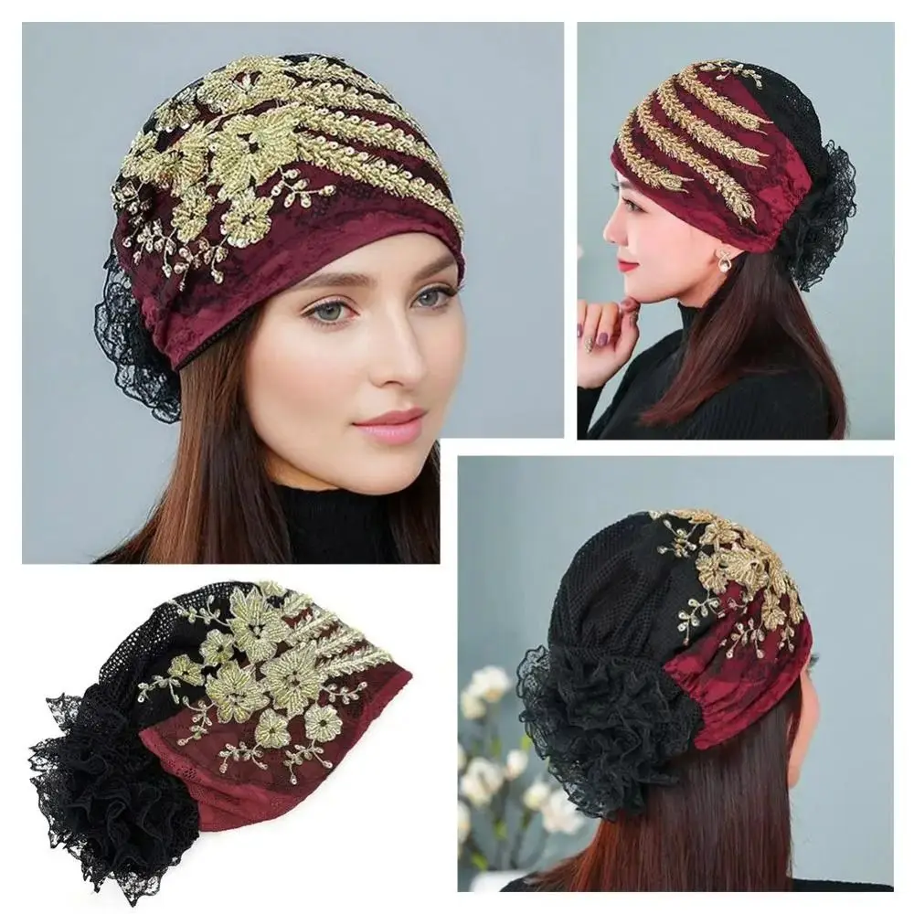 Fashion Head Scarf Lace Turban Hats Rhinestone Flower Summer Thin Headscarf Hedging Caps Bandana Islamic Under Scarf Women